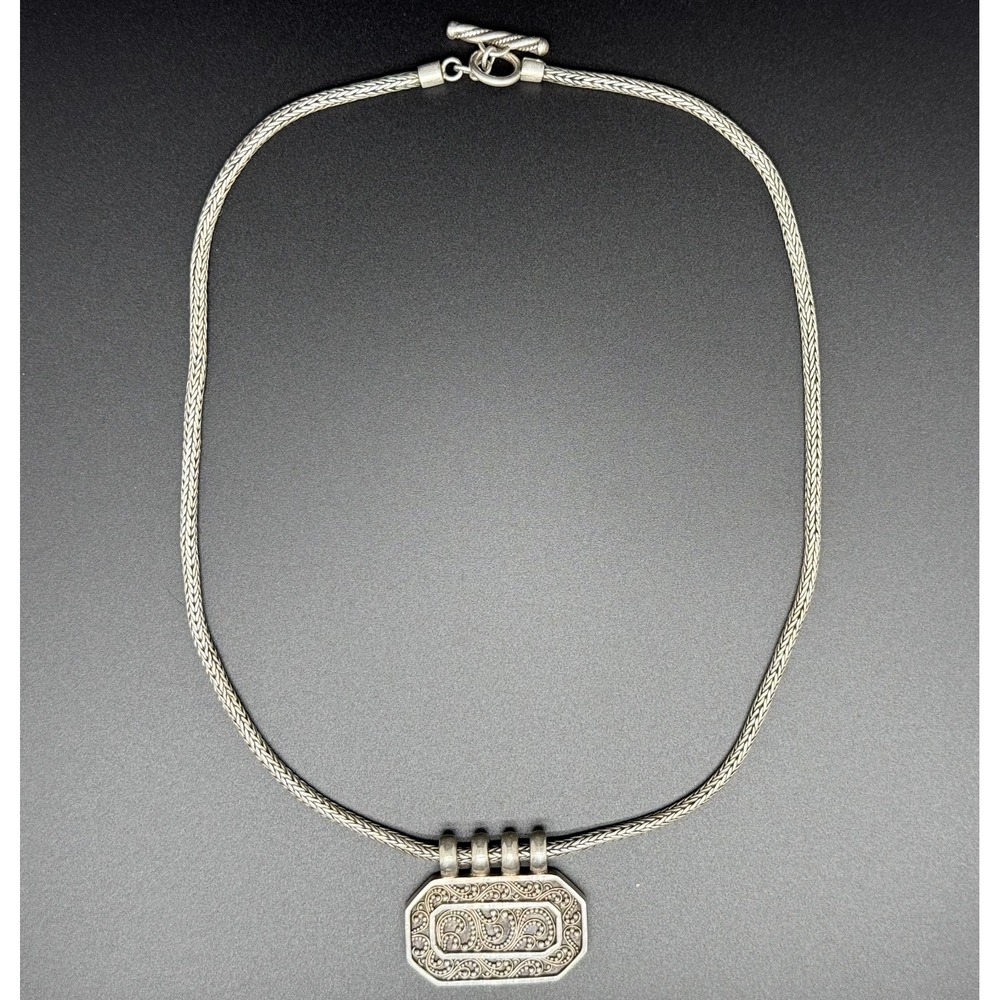 Lois Hill Sterling Silver 925 Woven Chain 18" Necklace Filigree Pendant